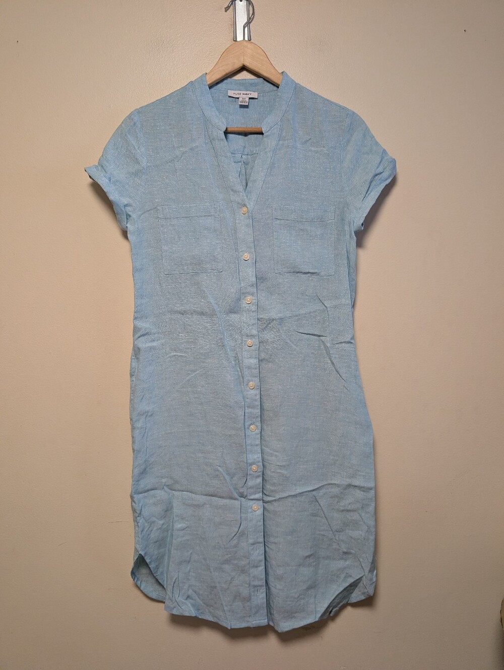Pure Navy 100% Linen Shirt Dress Medium Coastal Blue Button Front